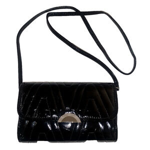 COLDWATER CREEK BLACK PATENT QUILTED PURSE MIRROR CLUTCH CROSSBODY BAG